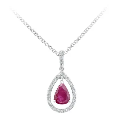 Jewelco London 18ct White Gold Round 10pts Diamond Pear 0.7ct Ruby Teardrop Pendant Necklace inc