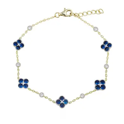 Jewelco London 14k Gold-plated Silver Blue Round Brilliant CZ Bead Edge Lucky Charm Station Brac