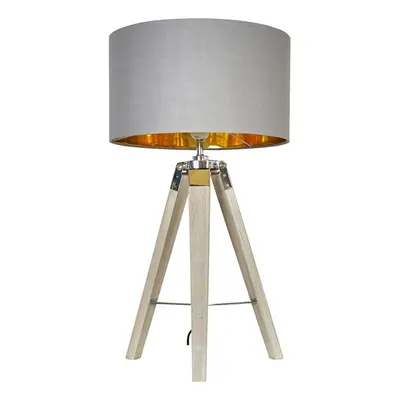 Modern Light Wood & Chrome Tripod Table Lamp with a Warm Grey/Gold Drum Shade