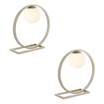 2 PACK Brushed Silver Table Lamp - Gloss Opal Glass Shade - Circular Hoop Design