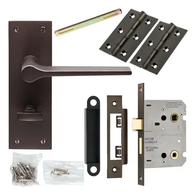 Door Handle & Bathroom Lock Pack Matt Bronze Straight Bar Thumb Turn Backplate