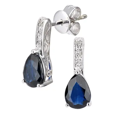 Jewelco London 9ct White Gold Round 3pts Diamond Pear 1.7ct Sapphire Teardrop Drop Earrings - DE