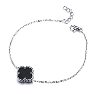 Jewelco London Silver Black Clover Onyx Lucky Charm Chain Bracelet 7-8.5" - ABB237