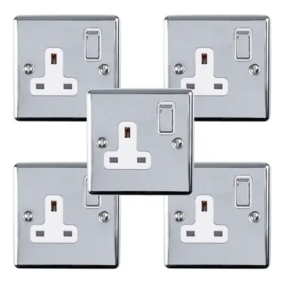 5 PACK Gang Single UK Plug Socket POLISHED CHROME 13A Switched White Trim