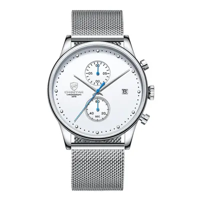 (Silver White) Men Chronograph Quartz Stainless Steel Waterproof Sports Clock Business Watch