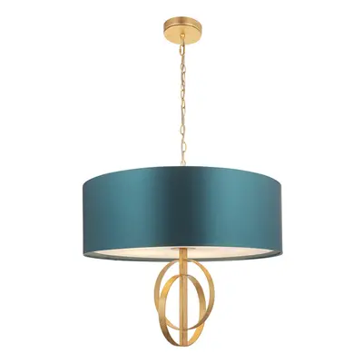 Antique Gold Ceiling Pendant Light & Teal Satin Shade - Bulb Hanging Fitting