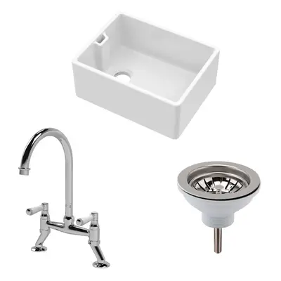 Fireclay Kitchen Bundle - Single Bowl Belfast Sink, Strainer Waste & Bridge Mixer Tap, 595mm - C