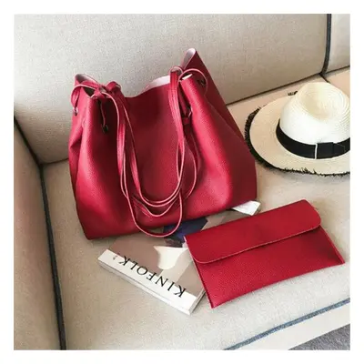 (Red) 2pcs Women Leather Large Shoulder Messenger Shopping Bag Purse Handbag Tote