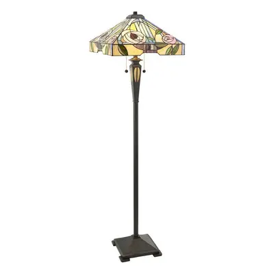 1.5m Tiffany Twin Floor Lamp Dark Bronze & Stained Glass Roses Shade i00029