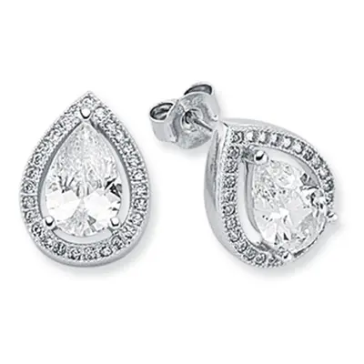 Jewelco London Rhodium Plated Sterling Silver Pear Cubic Zirconia Halo Stud Earrings 6x9mm 10mm 