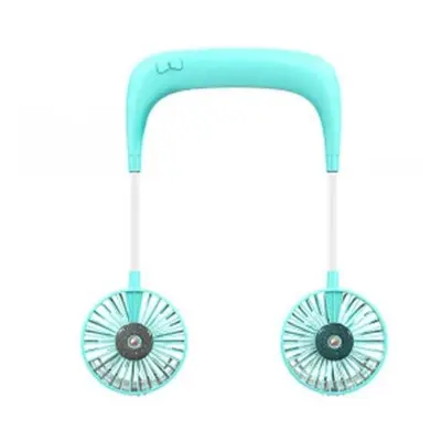 (Blue) Mini Portable Neck Hanging Fan USB Rechargeable Sport Camping Lazy Air Cooler Double Head