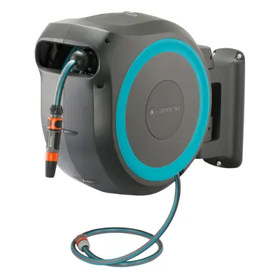 GARDENA 115' ft. Wall Mounted Retractable Hose Reel, Black and Turquoise