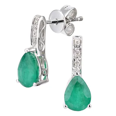 Jewelco London 9ct White Gold Round 3pts Diamond Pear 1.3ct Emerald Teardrop Drop Earrings - DE1