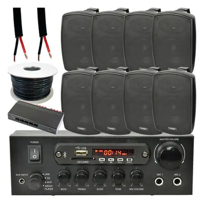 4 Zone Outdoor Bluetooth Kit 8x 60W Black Speaker Stereo Amplifier Garden BBQ