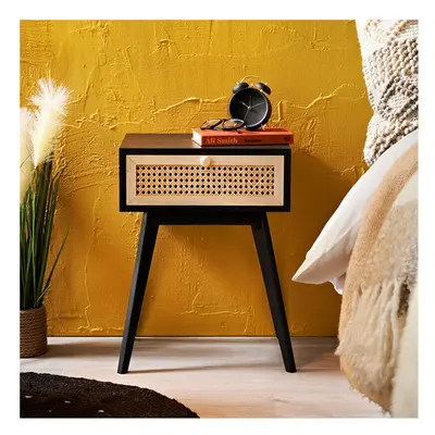 1 Drawer Bedside Night Stand Table Lamp Black Cane Design G-0488