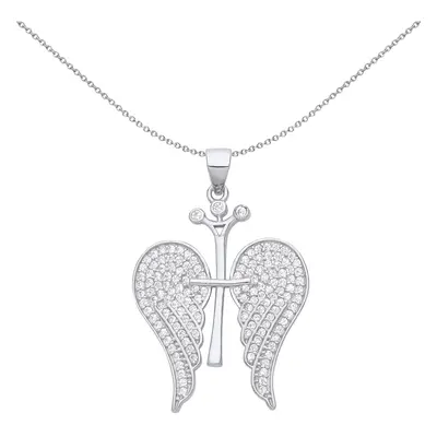 Jewelco London Ladies Rhodium Plated Sterling Silver CZ Folded Angel Wings Cross Crown Pendant N