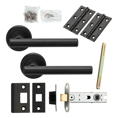 Door Handle & Latch Pack Matt Black Straight T Bar Lever Screwless Round Rose