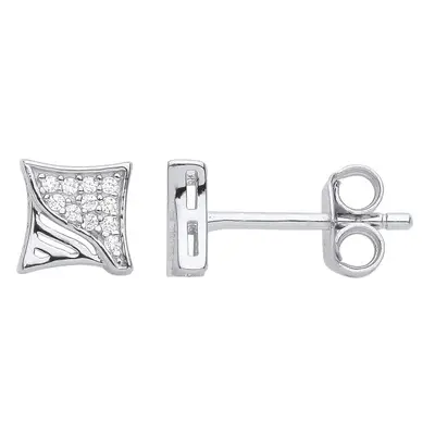 Jewelco London Ladies Rhodium Plated Sterling Silver CZ Warped Melting Pave Square Stud Earrings