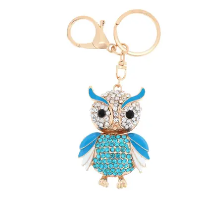 (Blue) Jewelry Hollow Alloy Vintage Shinning Rhinestone Owl Pendant Key Ring Chain