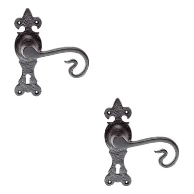 2x PAIR Forged Curled Lever Handle on Lock Backplate x 51mm Black Antique