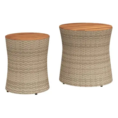 (beige, full weaving) vidaXL Garden Side Tables with Wooden Top Outdoor Table pcs Poly Rattan