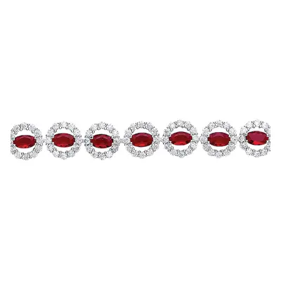 Jewelco London Ladies Sterling Silver Ruby-Red oval Cubic zirconia Alternating Halo Tennis Brace