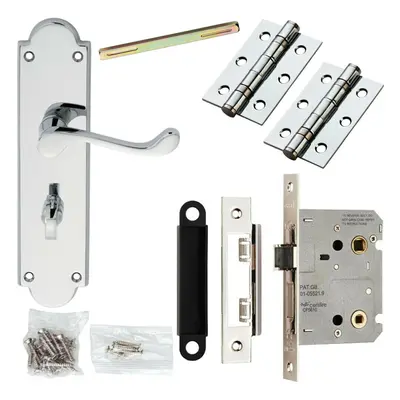 Door Handle & Bathroom Lock Pack Chrome Victorian Scroll x 49mm Backplate