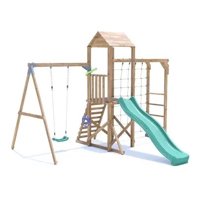 SquirrelFort Climbing Frame with Single Swing, High Platform, Monkey Bars, Cargo Net & Slide