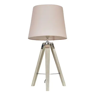 Modern Distressed Wood and Silver Chrome Tripod Table Lamp with a Pink Tapered Light Shade