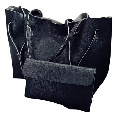 (Black) 2pcs Women Leather Large Shoulder Messenger Shopping Bag Purse Handbag Tote