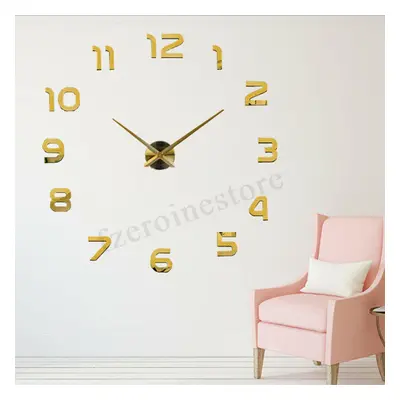 (Gold) 3D DIY Wall Sticker Clock Large Size Mirror Surface Decor Quartz