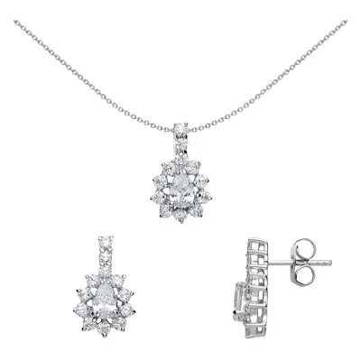 Jewelco London Ladies Sterling Silver Pear Cubic Zirconia Cluster Drop Earrings Necklace Set inc