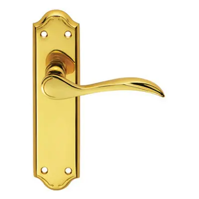 PAIR Curved Door Handle Lever on Latch Backplate x 45mm Polished Brass