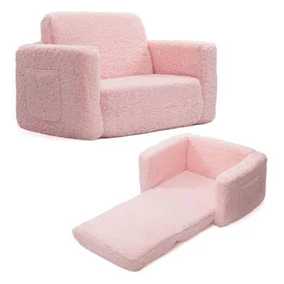 (Pink) Kids Sofa Bed in Flip Up Cute Sherpa Toddler Sofa, Converts Sofa to Recliner, Kids Sofa B