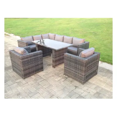 Fimous Dark Grey Outdoor Lounge Rattan Corner Sofa Set Garden Furniture Rectangular Dining Table