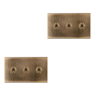 2 PACK Gang Triple Retro Toggle Light Switch SCREWLESS ANTIQUE BRASS 10A Way