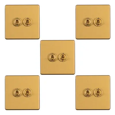 5 PACK Gang Double Retro Toggle Light Switch SCREWLESS SATIN BRASS 10A Way