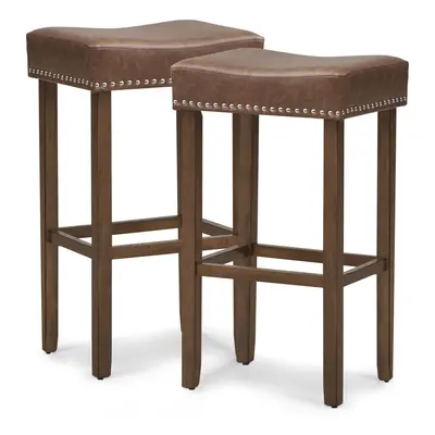 Set of Leather Upholstered 74cm Saddle Stools Bar Height Kitchen Island Stools