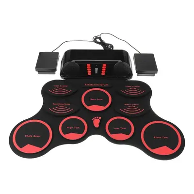 Portable Roll Up Electronic Drum Kit Silicon Pads Built-in Speakers with Drumsticks Sustain Peda