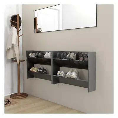 vidaXL 2x Wall Shoe Cabinets High Gloss Grey Chipboard Hanging Shoe Rack Shelf