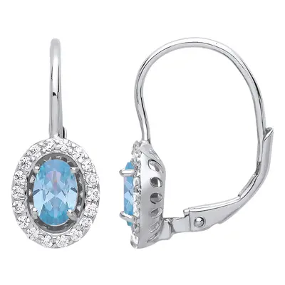 Jewelco London Ladies Sterling Silver Light Blue Oval Cubic Zirconia Solitaire Halo Drop Earring