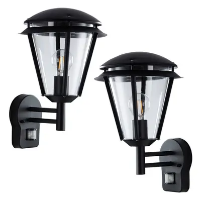 2 PACK IP44 Outdoor Wall Lamp Matt Black Steel Modern PIR Lantern Porch Curved