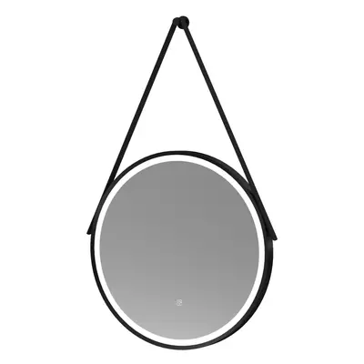 Round LED Illuminated Touch Sensor Framed Mirror with Demister & Strap, 600mm - Black