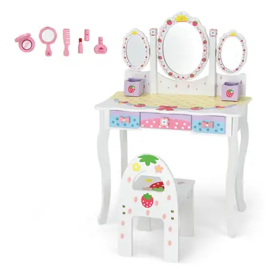 Kids Vanity Set w/Tri-fold Mirror Children Pretend Table Chair Set