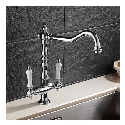 Dual Handle Kitchen Faucet Deck Mounted Single Hole Hot Cold Water Mixer Crane Kitchen Sink Fauc