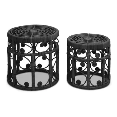 Interiors by Premier Elegant Set Of Two Black Natural Rattan Tables, Round Coffee Table, Sturdy 