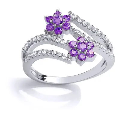 (Q) Jewelco London Ladies Rhodium Sterling Silver Lilac Cubic Zirconia Split Shoulder Twin Daisy