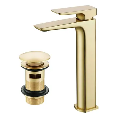 Nes Home Modern Countertop Brushed Brass Tall Square Basin Mono Mixer Tap + Waste