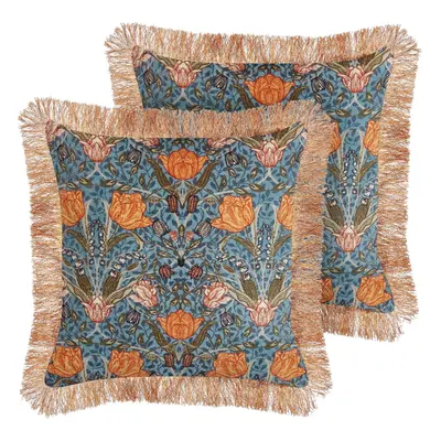 Set of Velvet Fringed Cushions with Flower Pattern x cm Blue and Orange MITELLA