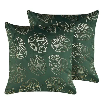 Set of Velvet Cushions Leaf Pattern x cm Dark Green MONSTERA